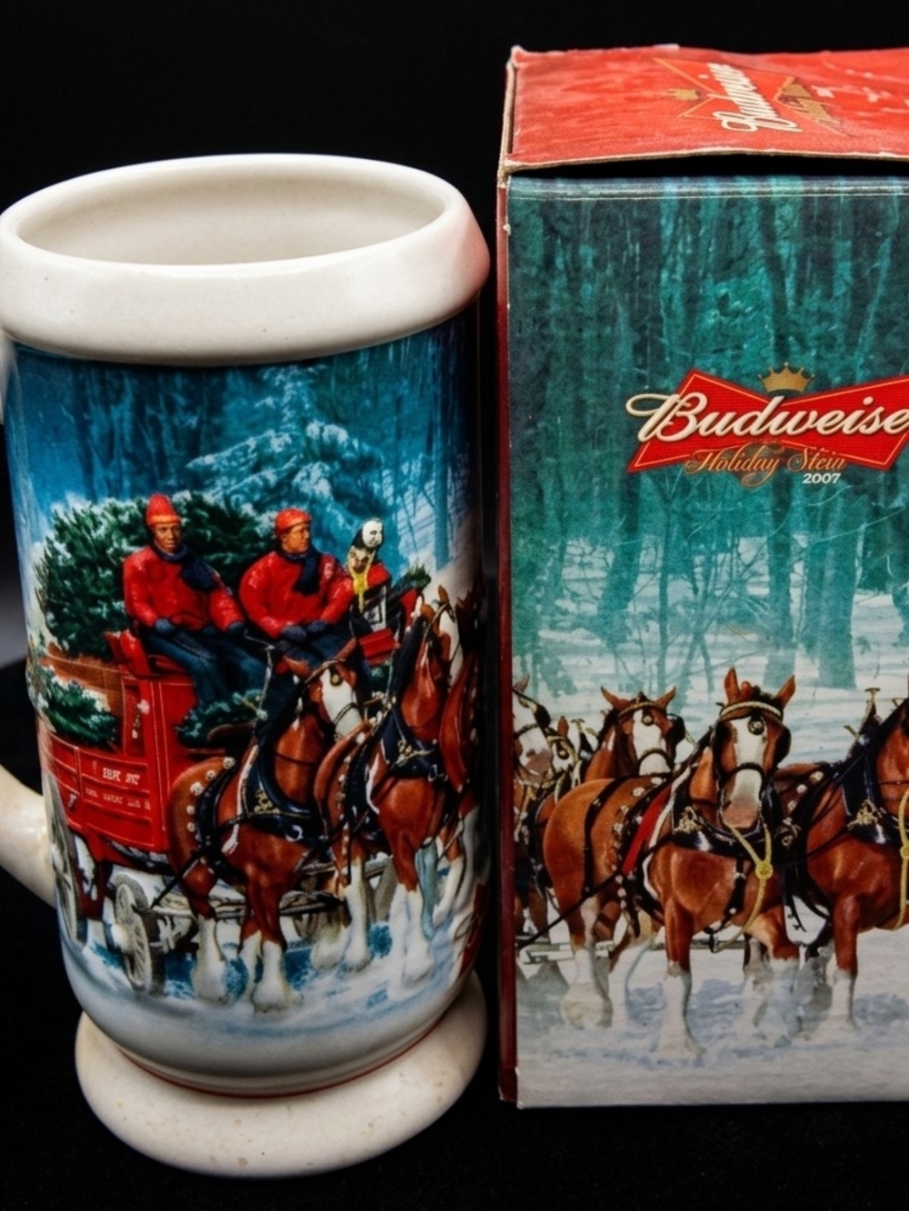 Budweiser Red & Brown Holiday Stein with Horse-Drawn Wagon Artwork